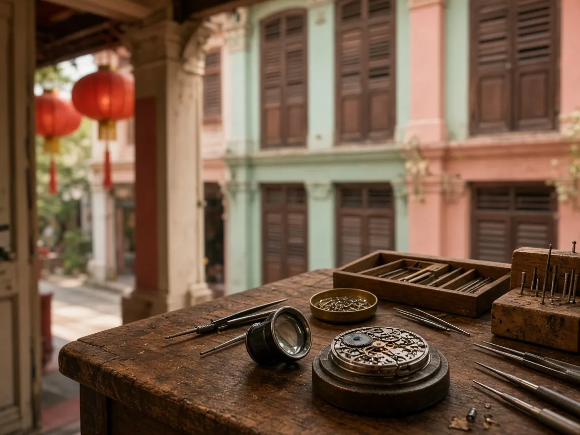Illustration of a watchmaker's workbench on the five-foot way of a Singapore heritage shophouse street, with red lanterns and pastel shuttered facades