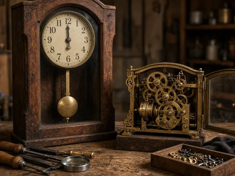 Illustration of an antique wooden pendulum clock and an exposed brass clock movement on a workbench