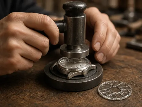 Illustration of hands using a press tool to fit a new crystal to a watch case