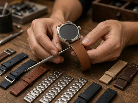 Illustration of hands fitting a leather strap to a watch, with rows of leather and metal straps