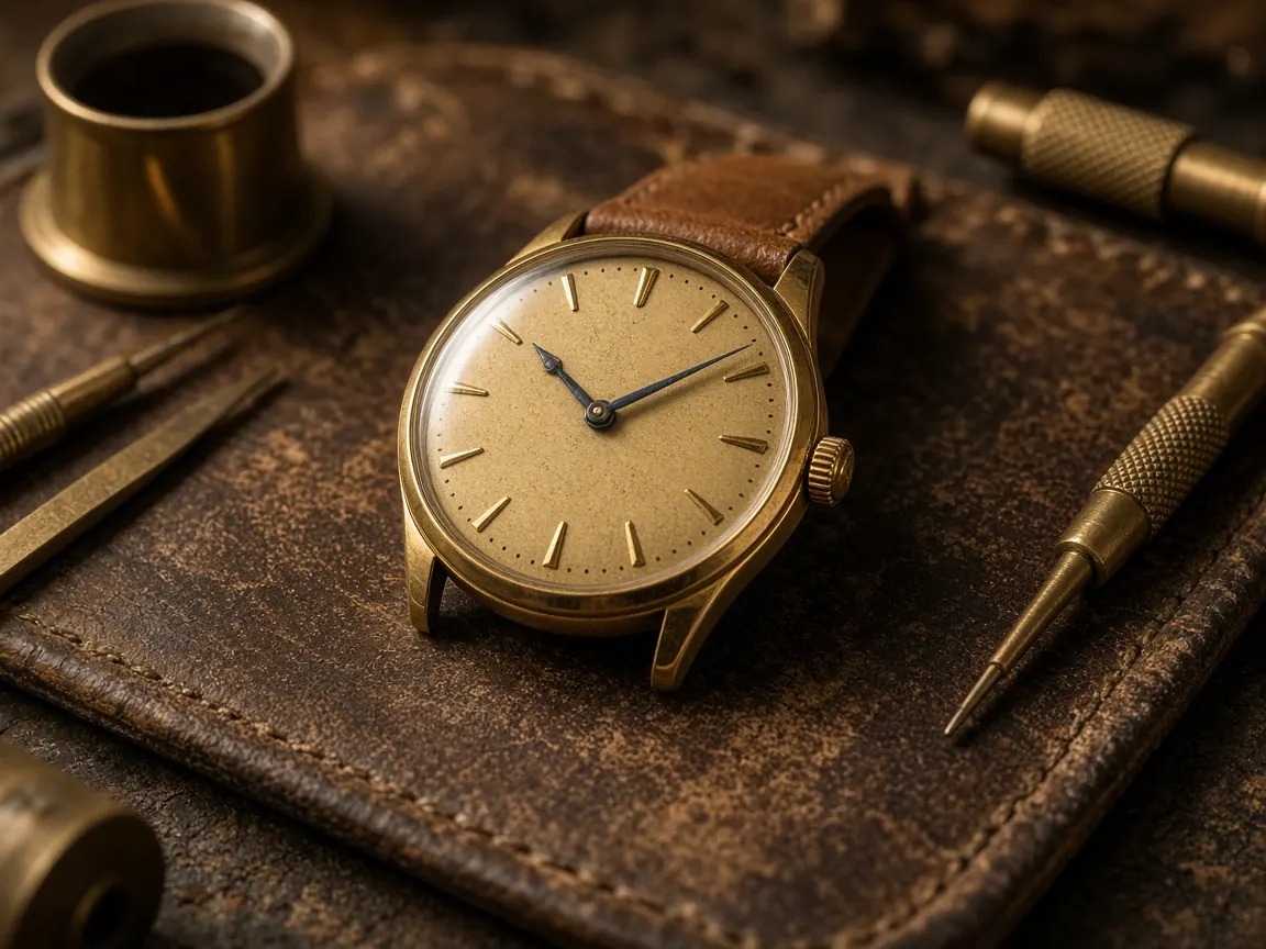 Illustration of a vintage gold dress watch on a leather mat beside watchmaker's tools