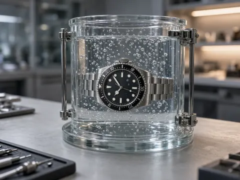 Illustration of a dive-style watch inside a glass water-resistance testing chamber