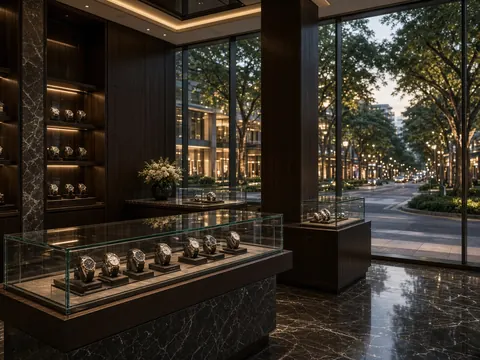 Illustration of a luxury watch boutique with lit display cases, looking out onto a tree-lined shopping street