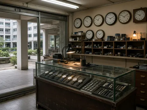 Illustration of a small independent watch repair shop unit in a Singapore HDB town centre, with a glass display counter, wall clocks and a workbench